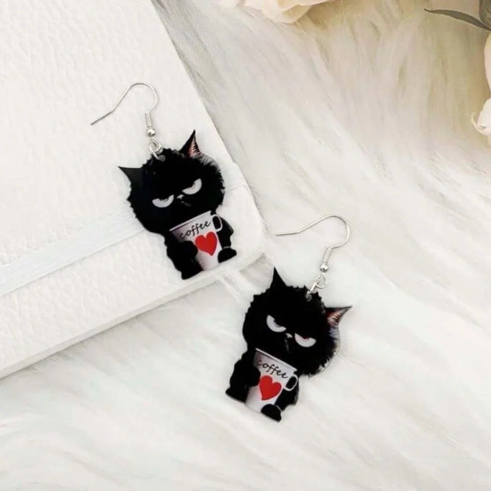Grumpy Cat Earrings with Coffee Cup Design